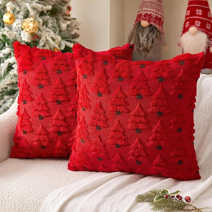 MIULEE Christmas Tree Decorative Pillow Covers Faux Fur Wool Throw Pillows Soft Plush Cushion Covers Set of 2 Xmas Home Decor Winter Holiday for Sofa Couch Livingroom Bed 18x18 Inch Red