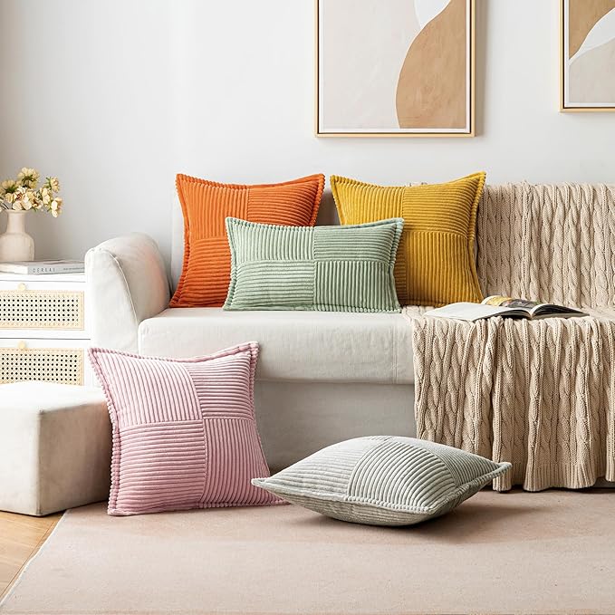 MIULEE Decorative Throw Pillow Covers for Couch Bed Livingroom 18x18 Inch Set of 2 Pink Boho Accent Throw Pllows Broadside Striped Patchwork Soft Corduroy Pillowcases
