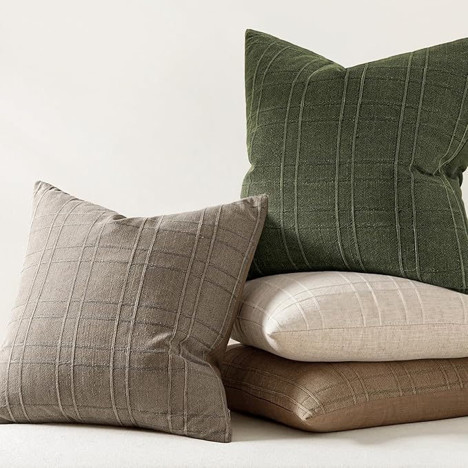 MIULEE Decorative Linen Check Throw Pillow Covers Neutral Farmhouse Vintage Christmas Pillow Covers 20x20 Set of 2 Boho Modern Home Decor for Sofa Couch Bedroom Cushion Dark Olive Green