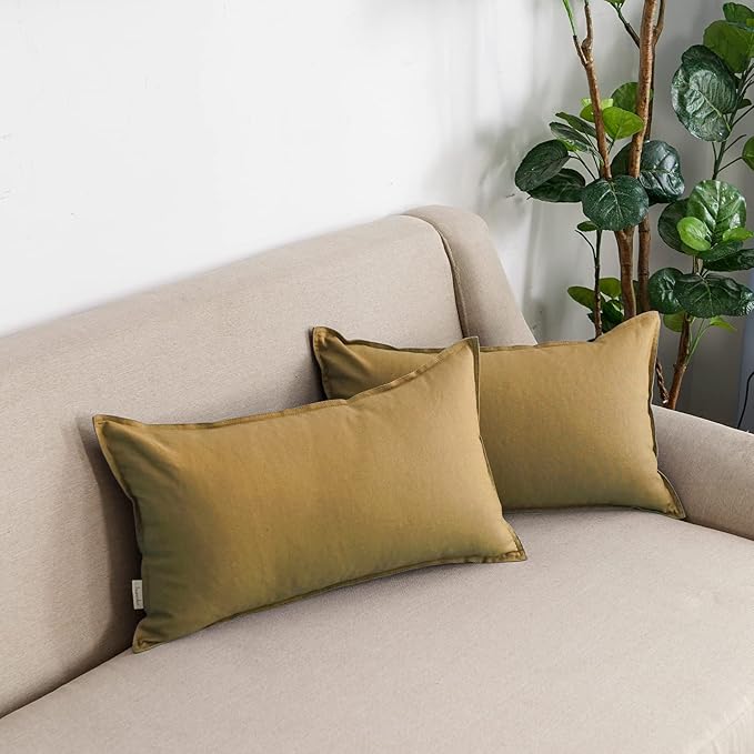 Jeanerlor Natural Cotton Linen Green Decorative 12"x20" Throw Pillow Case Cushion Cover with Twin Needles Stitch on Edge for Lumbar, (30 x 50cm), 2 Pcs, Earth Yellow