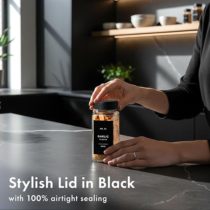 Glass Spice Jars with Labels (24 x 4oz) Spice Containers with 240 Labels, Shaker Inserts, Funnel, Empty Square Empty Square Seasoning Organizer (Black Lids)