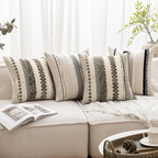 ANRODUO Pack of 2 Boho Decorative Throw Pillow Covers 24x24 Farmhouse Cushion Case Striped Chenille Pillow Cases Square Pillow Covers Accent Neutral Pillowcase for Sofa Couch Bed, Olive Green Stripe
