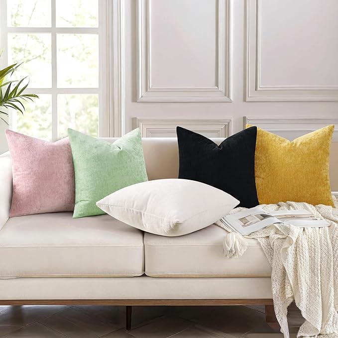 decorUhome Chenille Black Throw Pillow Covers 12x20 Inch Set of 2, Decorative Soft Couch Pillow Covers Solid Dyed Accent Velvet Farmhouse Neutral Rectangle Pillow Cases for Sofa Bed Living Room