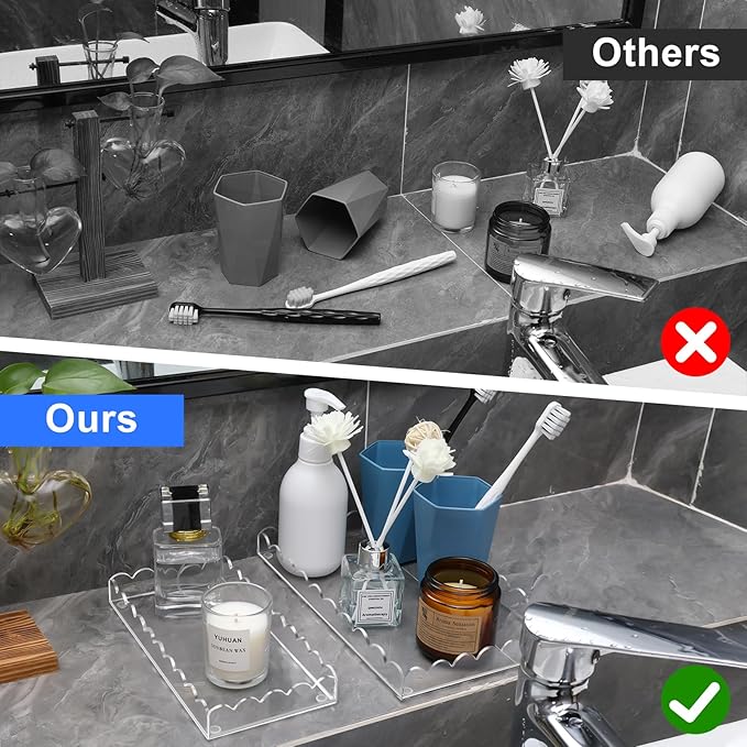 2 Pack Acrylic Bathroom Vanity Tray 7.9" and 9.6", Soap Dispenser Decorative Scalloped Tray for Bathroom Kitchen Living Room Decor Vanity Perfume