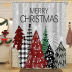 Christmas Trees Shower Curtain, Chic Boho Xmas Tree Snowflake Shower Curtain Set, Farmhouse Holiday Winter Shower Curtain Bathroom Decor with Hooks Grey Fabric Machine Washable with Hooks, 72 x 72 in