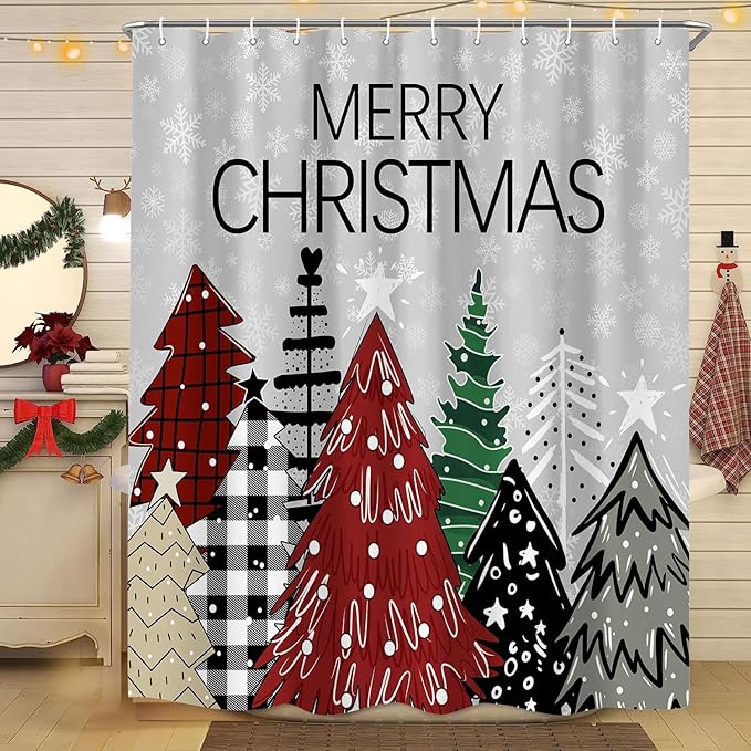 Christmas Trees Shower Curtain, Chic Boho Xmas Tree Snowflake Shower Curtain Set, Farmhouse Holiday Winter Shower Curtain Bathroom Decor with Hooks Grey Fabric Machine Washable with Hooks, 72 x 72 in