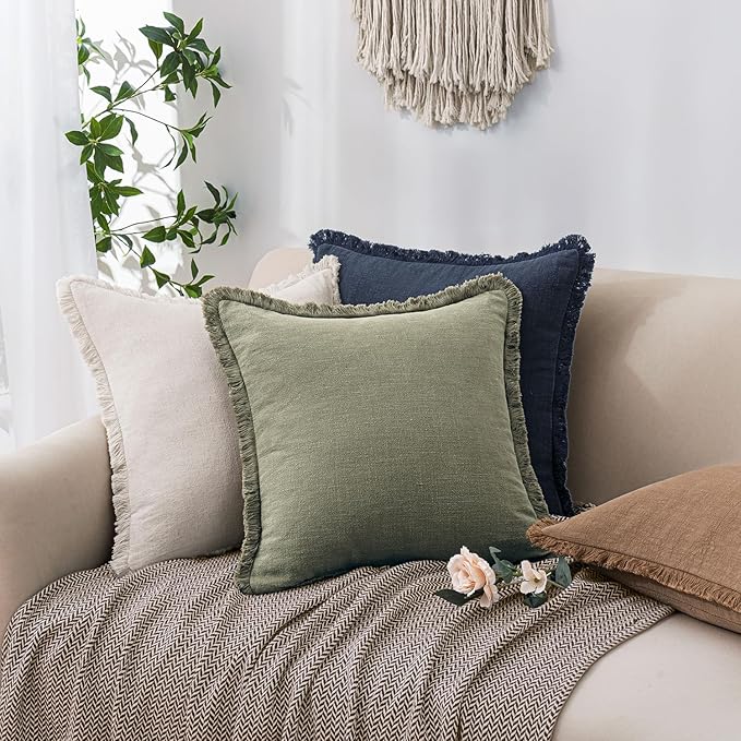 Woaboy Decorative Linen Fringe Throw Pillow Covers Boho Farmhouse Soft Euro Accent Pillowcases with Tassels Christmas Home Decor for Livingroom Couch Sofa Bed,26x26 Inch Set of 2,Olive Green