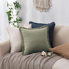 Woaboy Decorative Linen Fringe Throw Pillow Covers Boho Farmhouse Soft Euro Accent Pillowcases with Tassels Christmas Home Decor for Livingroom Couch Sofa Bed,24x24 Inch Set of 2,Olive Green