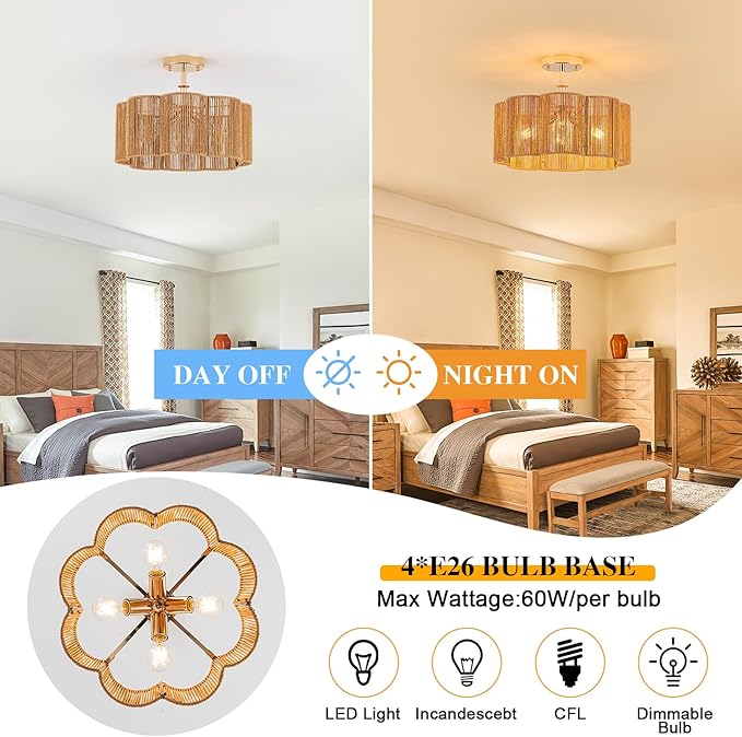 Plum Linear Weave Rattan Ceiling Light & Chandelier (16.5'' 4-Light) Flush Mount Flush E26 & 3D Woven Fireproof PC Panels for Scandinavian Dining Rooms & Modern Farmhouse Kitchen Islands