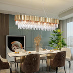 L51.2 Gold Rectangle Crystal Chandelier for Dining Room Modern Luxury Linear Light Fixture for Kitchen Island Contemporary Pendant Ceiling Light Oval Raindrop Chandelier Lighting 19-Light