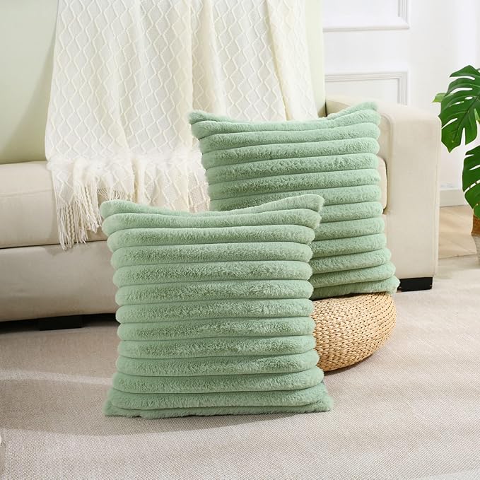 FUTEI Sage Green Striped Decorative Throw Pillow Covers 24x24 Inch Set of 2,Square Winter Decorations Couch Euro Pillow Case,Soft Cozy Faux Rabbit Fur & Velvet Back,Modern Home Decor for Bed