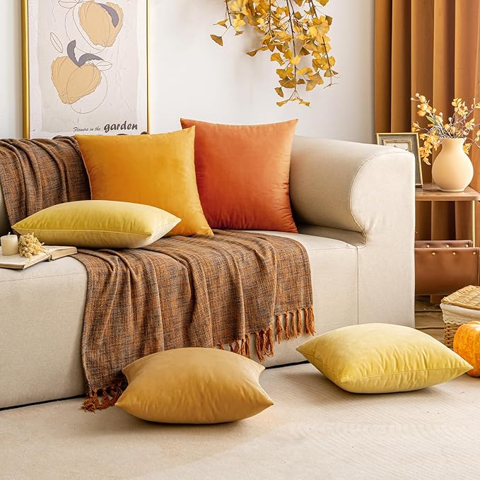 EMEMA Fall Lemon Yellow Velvet Throw Pillow Covers 18x18 Inch Set of 2 Decorative Square Pillowcase Soft Solid Cushion Case for Couch Sofa Bed Bedroom Livingroom