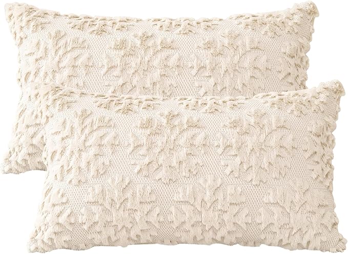 OTOSTAR Set of 2 Xmas Soft Plush Short Wool Velvet Decorative Throw Pillow Covers Rectangular Luxury Style Cushion Case Pillow Shell for Sofa Bedroom Snowflake Cream Beige, 12x20 Inch