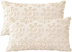 OTOSTAR Set of 2 Xmas Soft Plush Short Wool Velvet Decorative Throw Pillow Covers Rectangular Luxury Style Cushion Case Pillow Shell for Sofa Bedroom Snowflake Cream Beige, 16x24 Inch