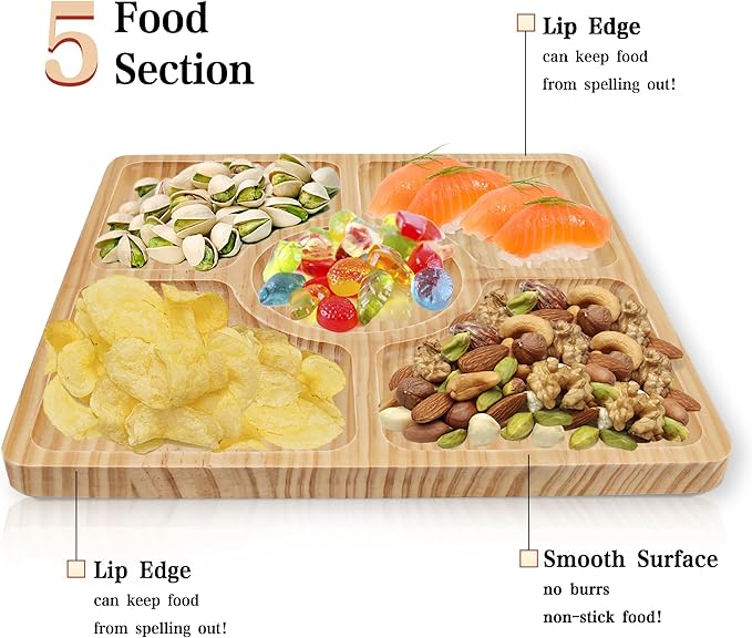 WILLKOMMEN Wood Divided Serving Tray, 11'' Square Tray Chip and Dip Platter, Serving Tray with 5 Sections for Appetizers & Snacks, Veggie Platter, Food Trays for Party