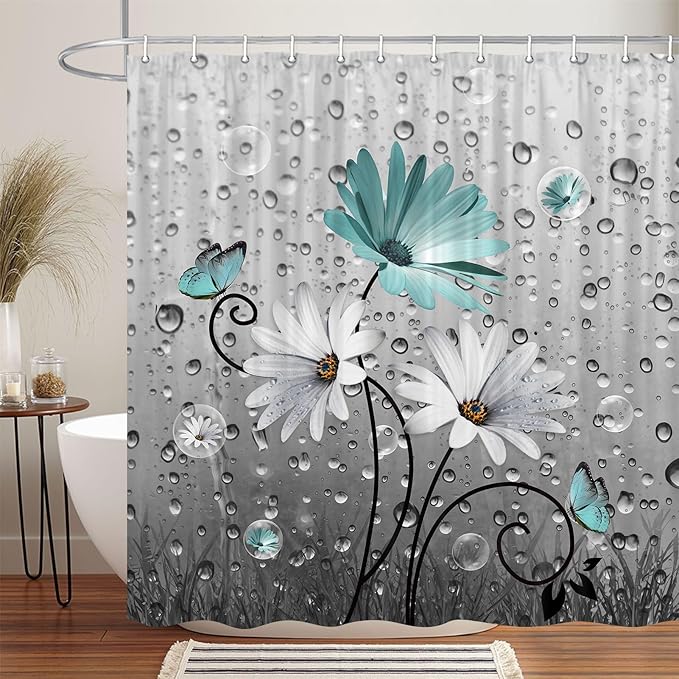 Rustic Farmhouse Teal Floral Shower Curtain, Farm Teal Daisy Flowers and Butterfly Shower Curtain for Bathroom, Country Turquoise Gray Fabric Boho Shower Curtain Set with 12PCS Hooks, 70X75IN