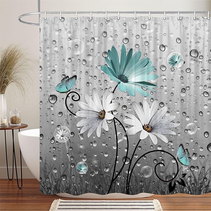 Rustic Farmhouse Teal Floral Shower Curtain, Farm Teal Daisy Flowers and Butterfly Shower Curtain for Bathroom, Country Turquoise Gray Fabric Boho Shower Curtain Set with 12PCS Hooks, 47X64IN