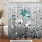Rustic Farmhouse Teal Floral Shower Curtain, Farm Teal Daisy Flowers and Butterfly Shower Curtain for Bathroom, Country Turquoise Gray Fabric Boho Shower Curtain Set with 12PCS Hooks, 60X70IN