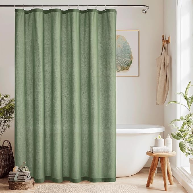 KGORGE Linen Fabric Shower Curtain-Button Hole Semi Sheer Lightweight Waterproof Thick Cloth Neutral Shower Curtains for Bathtub Bathroom, Forest Green, 72 x 72 inches Long, 12 Hooks Included, 1 Panel