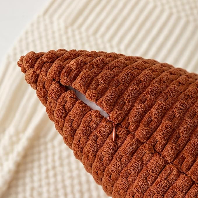 Kevin Textile Fall Throw Pillow Covers Soft Corduroy Decorative Set of 2 Boho Striped Pillow Covers Pillowcases Farmhouse Home Decor for Couch Bed Sofa Living Room 26x26 Inch Rust Brown