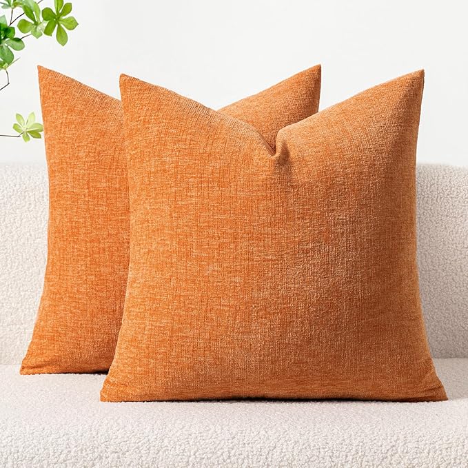 MIULEE Fall Pack of 2 Orange Throw Pillow Covers 16x16 Inch Soft Chenille Pillow Covers for Sofa Living Room Couch Solid Dyed Cases
