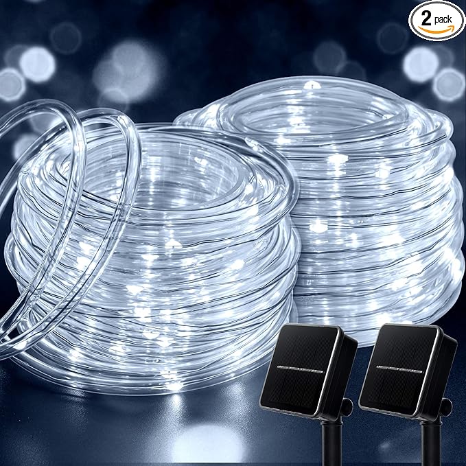 Brightown Solar String Lights Outdoor 2 Pack 72 Feet 200 LED Waterproof Solar Powered String Lights with 8 Lighting Modes, Waterproof Solar Rope Lights for Outside Christmas Party, Pure White
