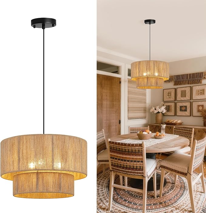 18 Inch Large Rattan Woven Pendant Light, Boho Farmhouse Hanging Chandelier Lamp Fixture, Natural Wicker Jute Lighting for Dining Room, Kitchen Island, Living Room, Table, Entryway, Foyer