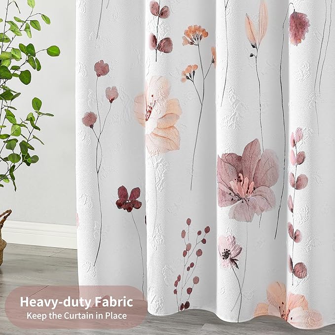 QiyI Small Stall Shower Curtain 36 x 72, Narrow Half Watercolor Floral Bath Curtain, 3D Embossed Pink Brown Flower Cloth Bathroom Curtain, Waterproof Fabric White Shower Curtain Set with Hooks