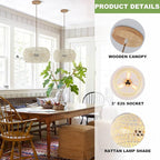 Boho Pendant Light,Dinning Room Light Fixture Rattan Chandelier Cream White Hanging Light Ceiling Mount Hand Woven Lamp Shade Bohemian Drum Chandelier Basket Light for Bedroom Kitchen Island Hallway