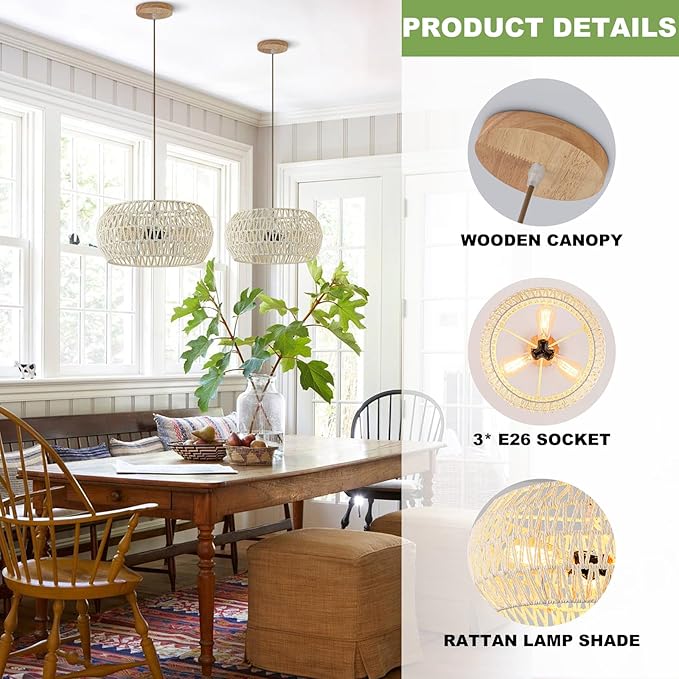 Boho Pendant Light,Dinning Room Light Fixture Rattan Chandelier Cream White Hanging Light Ceiling Mount Hand Woven Lamp Shade Bohemian Drum Chandelier Basket Light for Bedroom Kitchen Island Hallway
