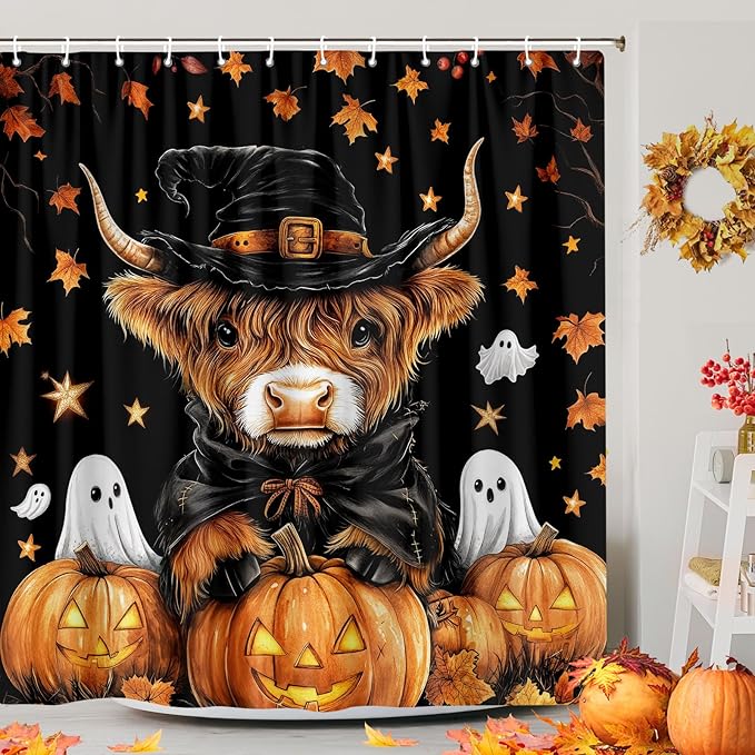 Halloween Cow Shower Curtain, Rustic Fall Pumpkin Spooky Ghost Shower Curtain Set with Hooks, Farmhouse Autum Funny Bull Witch Hat Thanksgiving Harvest Bathroom Curtain, 72X72In Orange Black