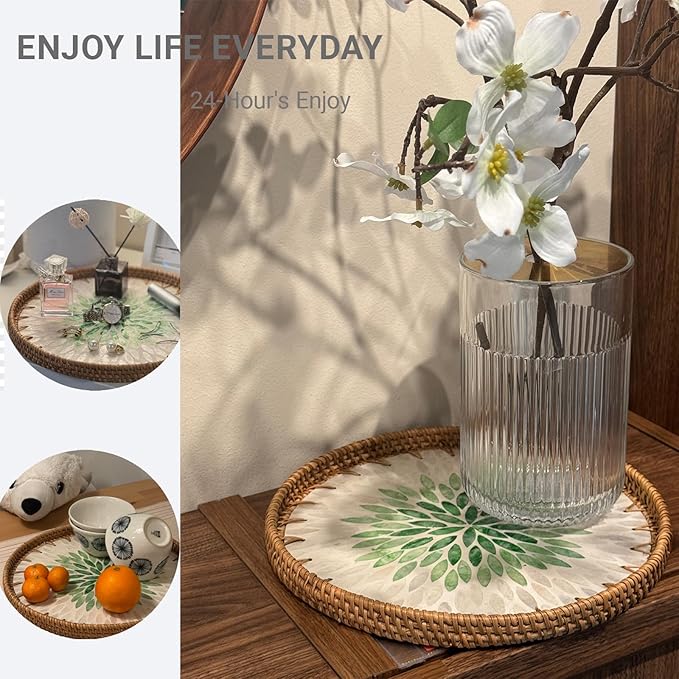 11.8 inch Round Rattan Serving Tray with Mother of Pearl Inlay Wicker Platter Coffee Tray for Coffee Table Decor Coastal Boho Kitchen Storage Display Decorative Basket Food Tray Handmade Wall Decor