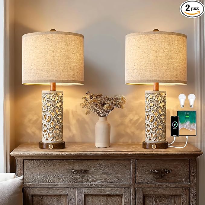 22" Dual Light Table Lamps Set of 2 for Living Room, Touch Lamp with 3-Level Dimming, USB A+C Table Lamp for Bedroom, Farmhouse Lamps for Night Stands(Brown, Bulb Included)