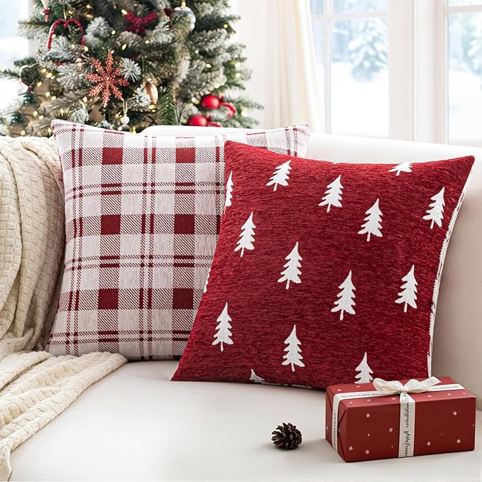 MIULEE Christmas Decorative Chenille Throw Pillow Covers, 18x18 Inch, Red White Tree, Set of 2 Cute Trees with Plaid Patterns Pillows for Sofa Couch Bedroom Chair Xmas Home Decor