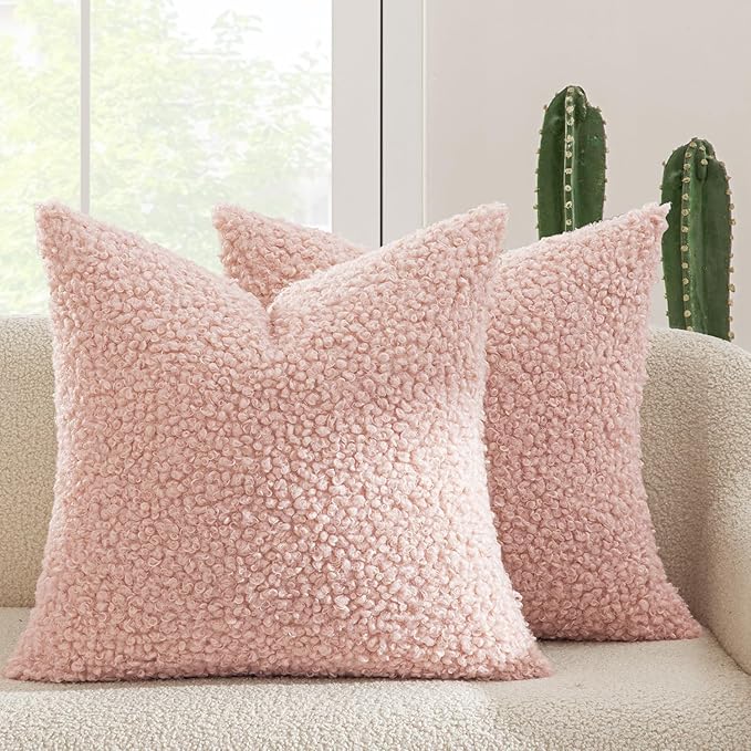 MIULEE Pack of 2 Pink Throw Pillow Covers 18x18 Inch Faux Fur Decorative Sherpa Boucle Pillow Covers Fuzzy Accent Soft Sheepskin Fleece for Boho Home Decor Couch Living Room Bed Valentines Day
