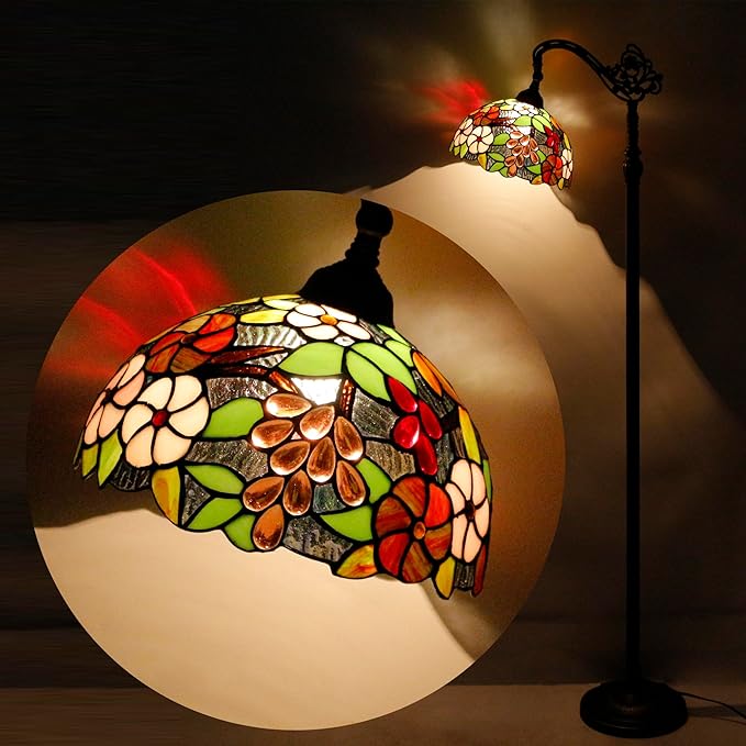 Tiffany Floor Lamp Stained Glass Purple Grape Style Arched Reading Light Gooseneck Adjustable Corner Standing Lamp 12X16X66 Inch for Bedroom Living Room Home Office