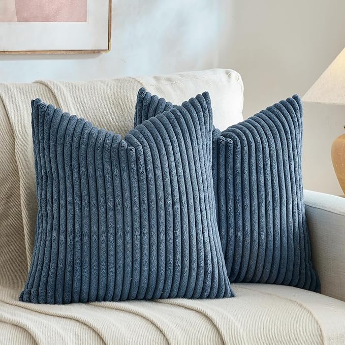 Fancy Homi Set of 2 Dusty Blue Boho Decorative Throw Pillow Covers 18x18 Inch for Couch Bed Sofa, Aesthetic Modern Farmhouse Room Decor, Soft Fuzzy Fluffy Cozy Corduroy Textured Cushion Case 45x45cm