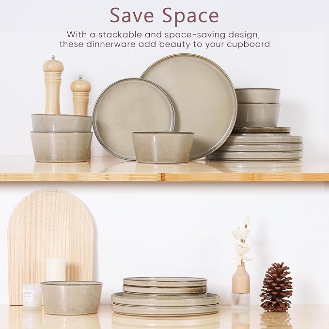 Herogo Dinnerware Sets with Pasta Bowls, 16 Piece Plates and Bowls Set for 4, Modern Stoneware Dinner Dishes for Kitchen Dinning, Dishwasher & Microwave Safe, Cream Khaki