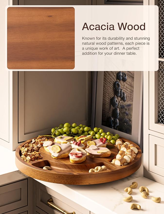 16” Rotating Charcuterie Board for Cheese and Meat - Lazy Susan Charcuterie Boards Round with Compartments - 360° Rotating Plates for Serving Food, Lazy Susan Cheese Board (Acacia Wood)