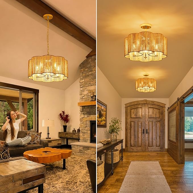 5-Light 19.6'' 2-in-1 Linear-Woven Rattan Ceiling Light - Convertible Flush Mount/Pendant for Kitchen Island & Dining Room, Dimmable with Adjustable Chain + Rod