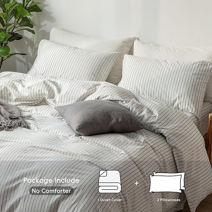 MooMee Striped Duvet Cover Set 100% Washed Cotton Linen Like Textured Breathable Durable Soft Comfy (White Dark Grey Wide Stripes, Full 80"x90")