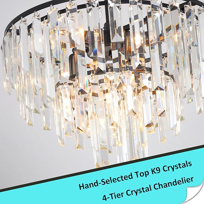 Black Crystal Chandelier Modern Round Dining Room Chandelier 4-Tier 6 Lights Dimmable Top K9 Luxury Ceiling Hanging Pendant Light Fixture for Dining Room Living Room Bedroom Foyer 18"