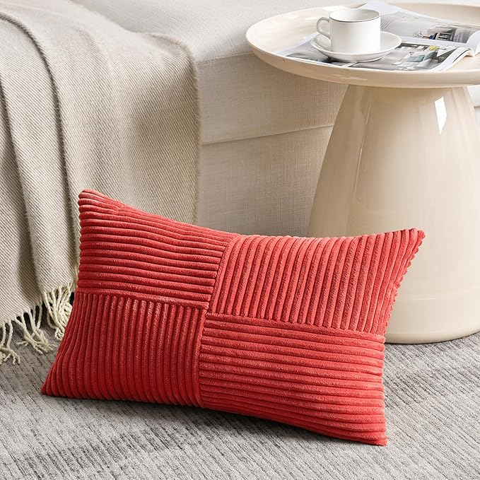 Fancy Homi 2 Packs Red Lumbar Decorative Throw Pillow Covers 14x24 Inch for Couch Bed Sofa, Holiday Christmas Home Decor Gift, Soft Striped Corduroy Rectangle Accent Cushion Case 35x60 cm