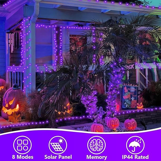 QITONG 4 Pack Purple Solar Fairy Lights, Each 33ft 100 LED Halloween Lights Outdoor Waterproof, 8 Modes Copper Wire Mini String Lights