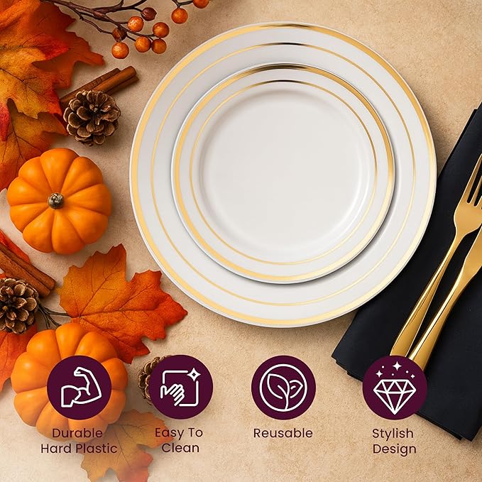 Aya's Cutlery Kingdom 100 Disposable White Plastic Plates with Gold Trim - Includes 50 (10-Inch) Plastic Dinner and 50 (7.5-Inch) Salad Dessert Plates - Heavy Duty and Elegant Tableware