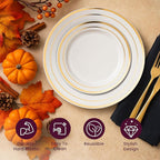 Aya's Cutlery Kingdom 100 Disposable White Plastic Plates with Gold Trim - Includes 50 (10-Inch) Plastic Dinner and 50 (7.5-Inch) Salad Dessert Plates - Heavy Duty and Elegant Tableware