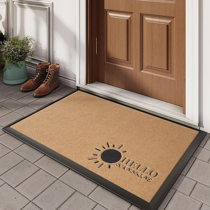 Dirt Trapping Outdoor Welcome Mats, 24x35 Durable Non-Slip Door Mat Outside Entrance, Low Profile Easy Clean Doormat for Patio Porch Front Indoor Entryway, Brown