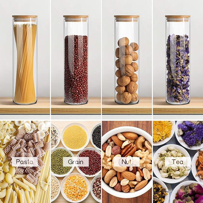 ComSaf Glass Spaghetti Pasta Storage Container for Kitchen Pantry with Lids 41oz Set of 3, Tall Clear Airtight Food Storage Jar with Sealing Wood Cover for Coffee, Sugar, Noodles, Linguini, Lasagna