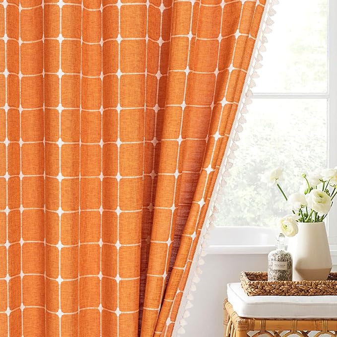 MitoVilla Orang Farmhouse Shower Curtain Set 72 x 78, Boho 78 inch Long Polyester Linen Tassel Fabric Shower Curtain Set for Chic Cottagecore French Rustic Bathroom Decor