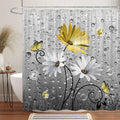 Rustic Farmhouse Yellow Floral Shower Curtain, Farm Daisy Flowers and Butterfly Shower Curtain for Bathroom, Country Yellow Gray Fabric Boho Shower Curtain Set with 12PCS Hooks, 70X70IN